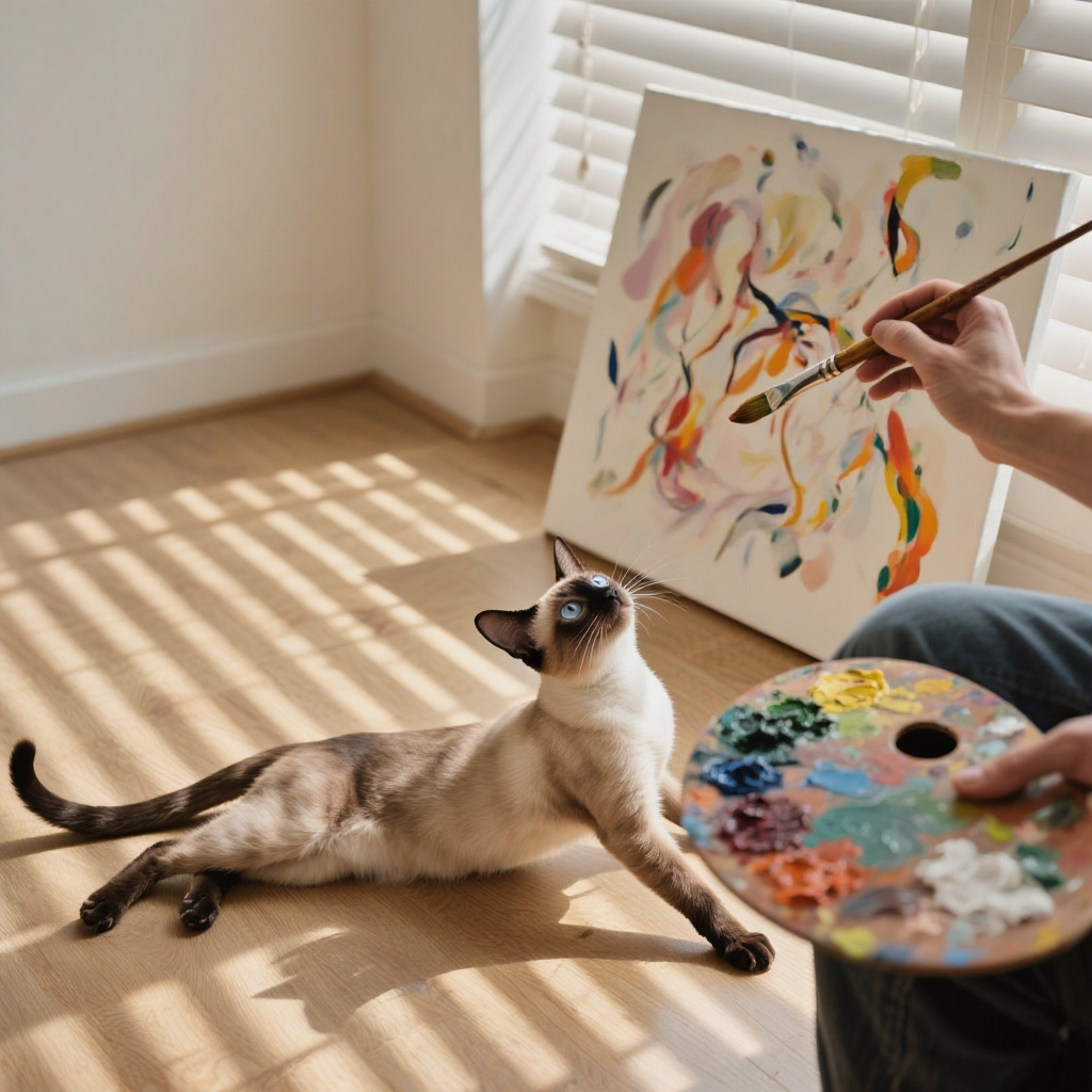 Cat lying on a wooden floor with a person start creative work painting
